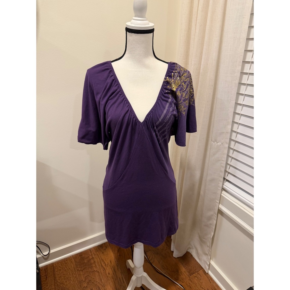 Voices Purple V-Neck Tunic Top Mini Dress Gold Graphic Short Sleeve M L Y2k